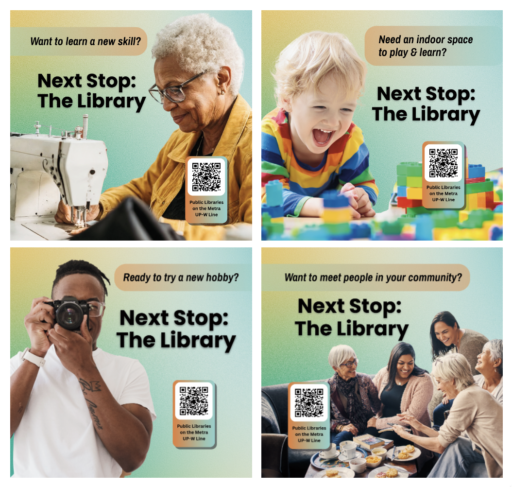 a woman sewing, a child playing, a man taking a photo, and a group of women gathered around a table with word near each: Next Stop: The Library