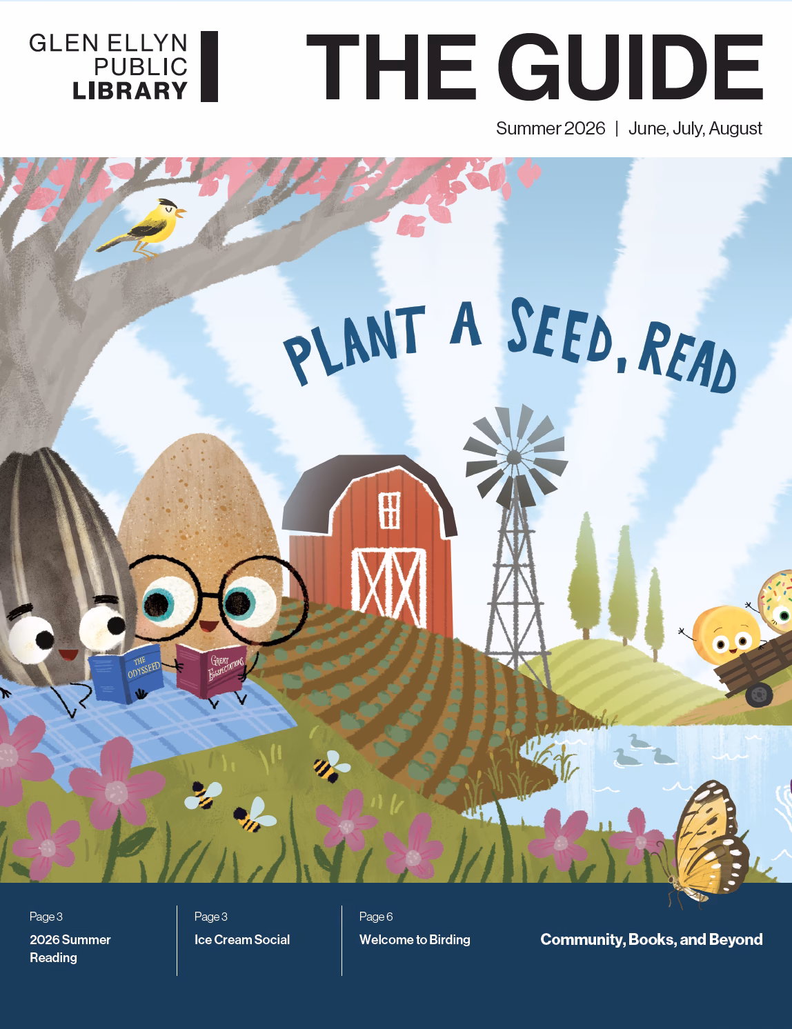 colorful outdoor farm scene with two animated seeds reading books